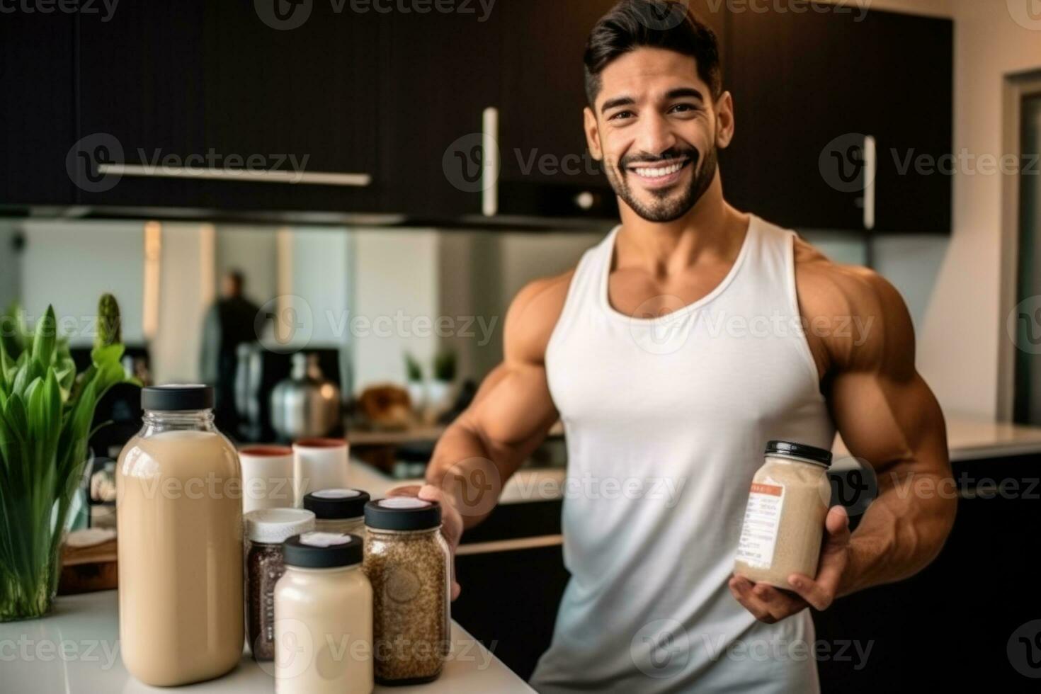 Young guy making protein shake at kitchen, copy space. AI Generated photo
