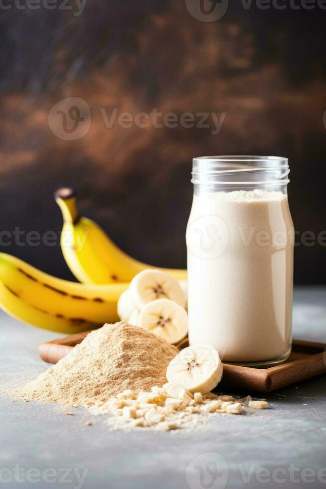 sano plátano proteína sacudir en masón frasco. ai generado foto