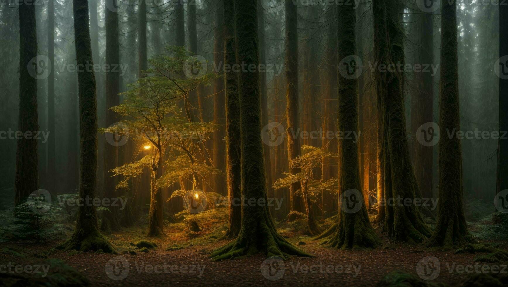 AI generated Majestic Misty Chill Lust Rainy Forest With a Slight Fog photo
