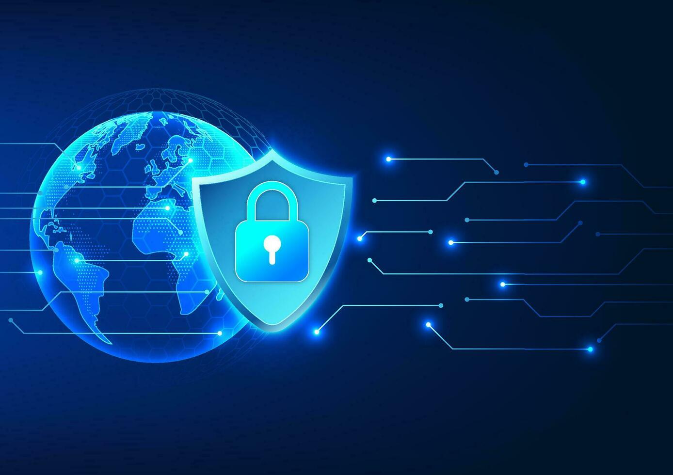 Cybersecurity and Data Privacy Technology. The inner shield has a lock. On the back is a globe with a circuit, showing protection against cyber data theft via internet signals. vector