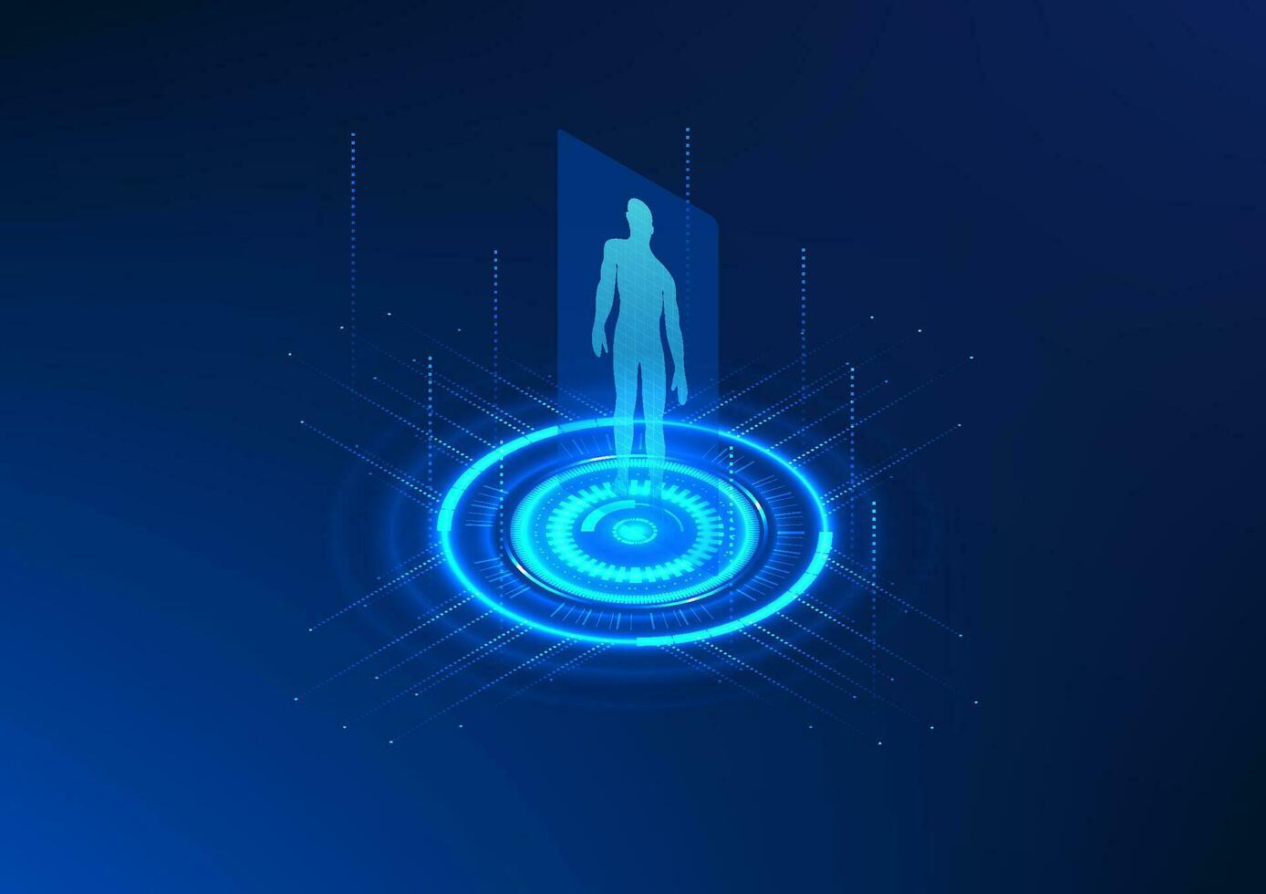 Hologram projection technology A projected image of a person along with a technology circle that Shows treatment, health care and modern medical technology. vector