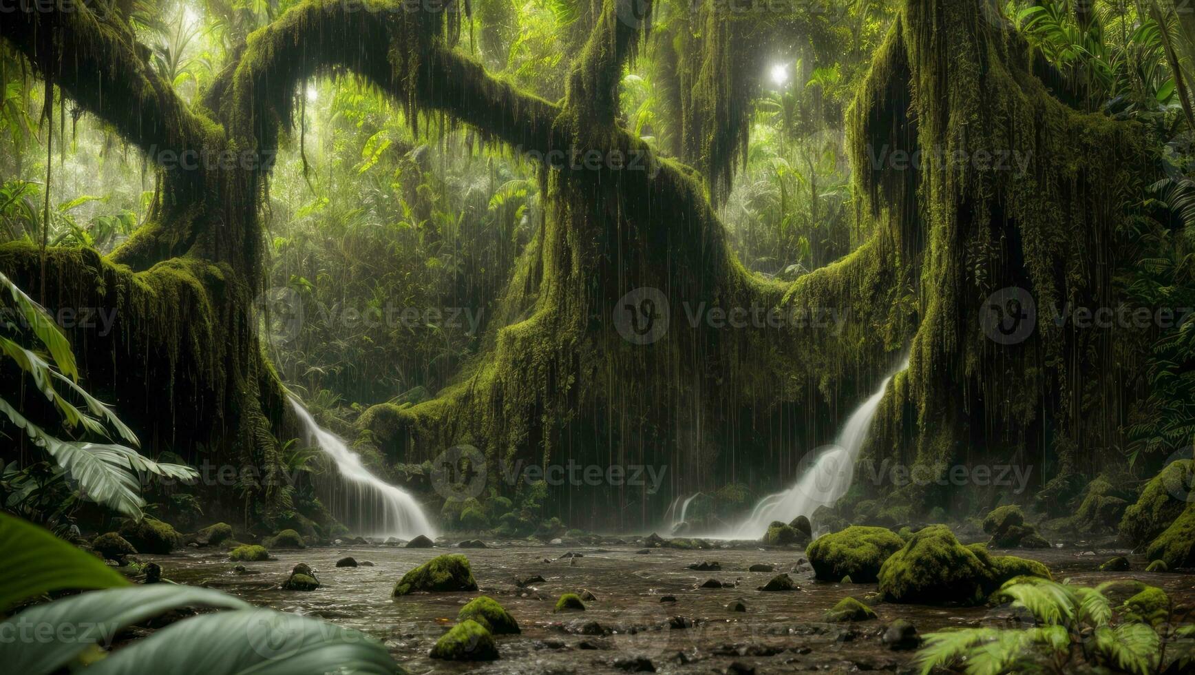 AI generated Majestic Dense Rain Forest With Spring Water photo