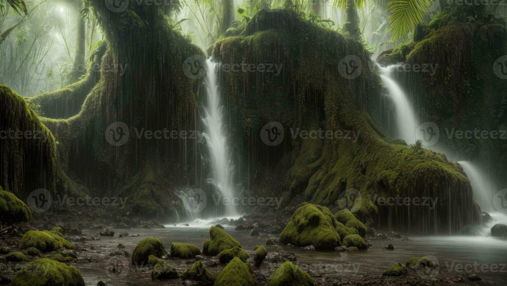 AI generated Majestic Dense Rain Forest With Spring Water photo