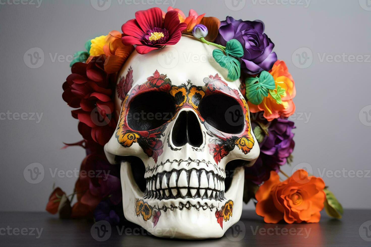 AI generated a skull with colorful flowers on it photo