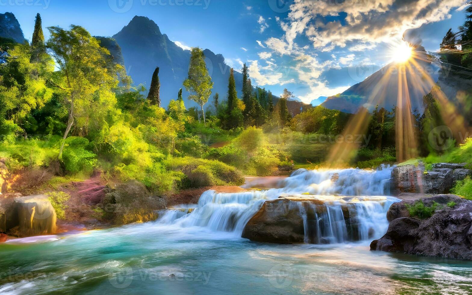 AI generated Enchanting Ecosystem, A Majestic Tapestry of Life in the Heart of the Lush Tropical Jungle with a Serene Flowing River photo
