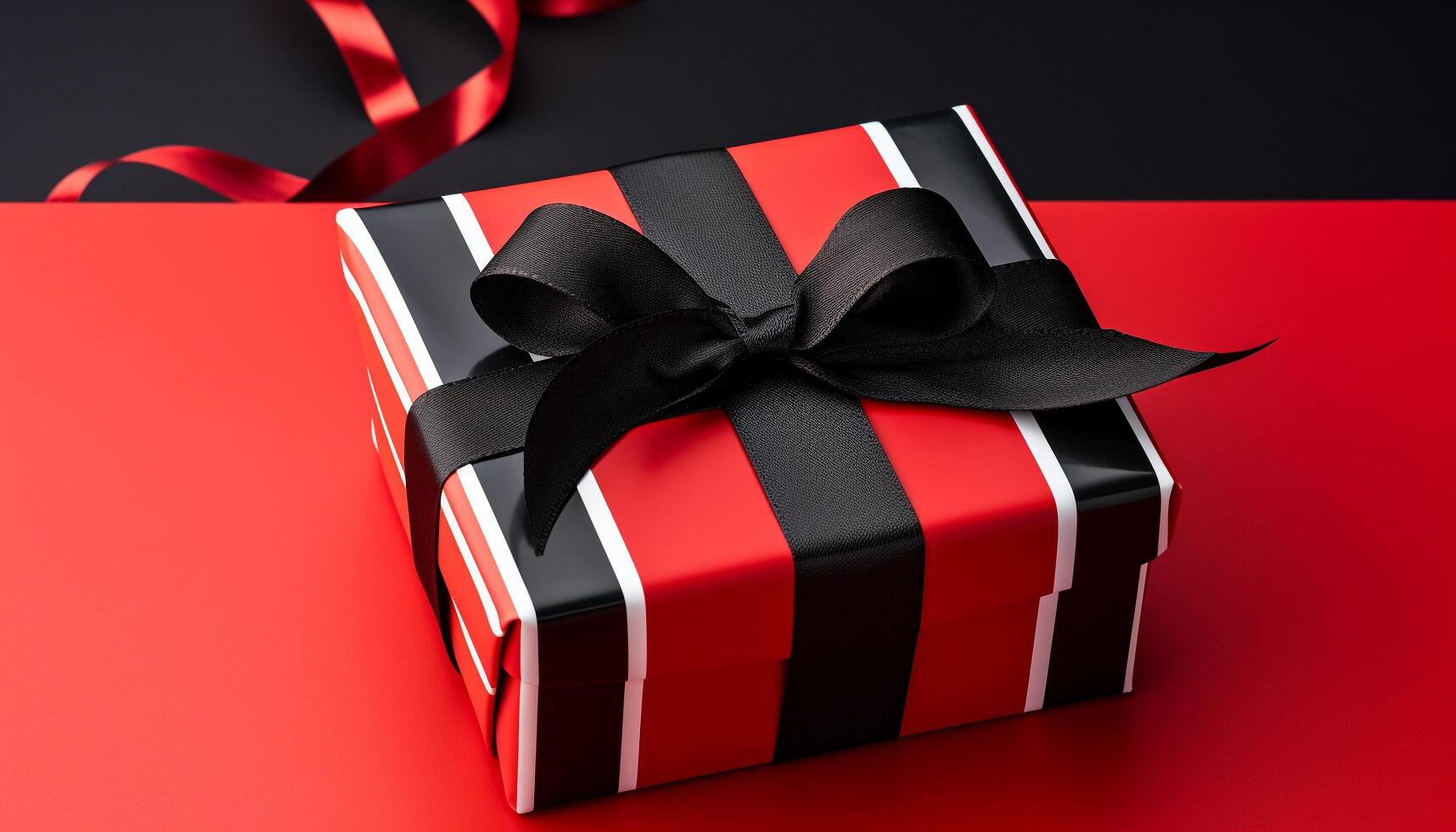 A shiny gift box wrapped in red wrapping paper generated by AI photo