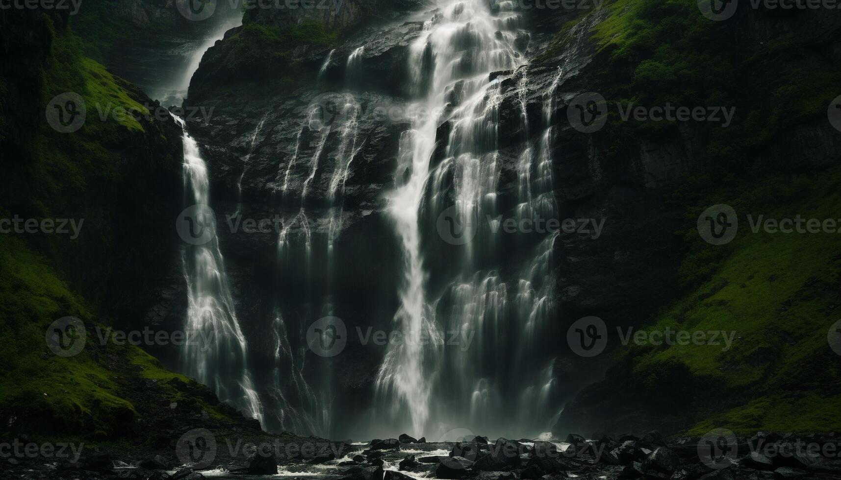 AI generated Majestic waterfall flowing through tropical rainforest, a breathtaking adventure generated by AI photo