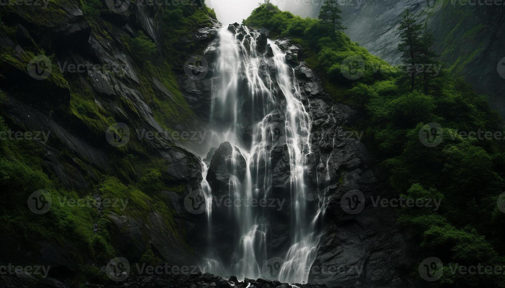 AI generated Majestic waterfall flowing through tropical rainforest, a breathtaking adventure generated by AI photo