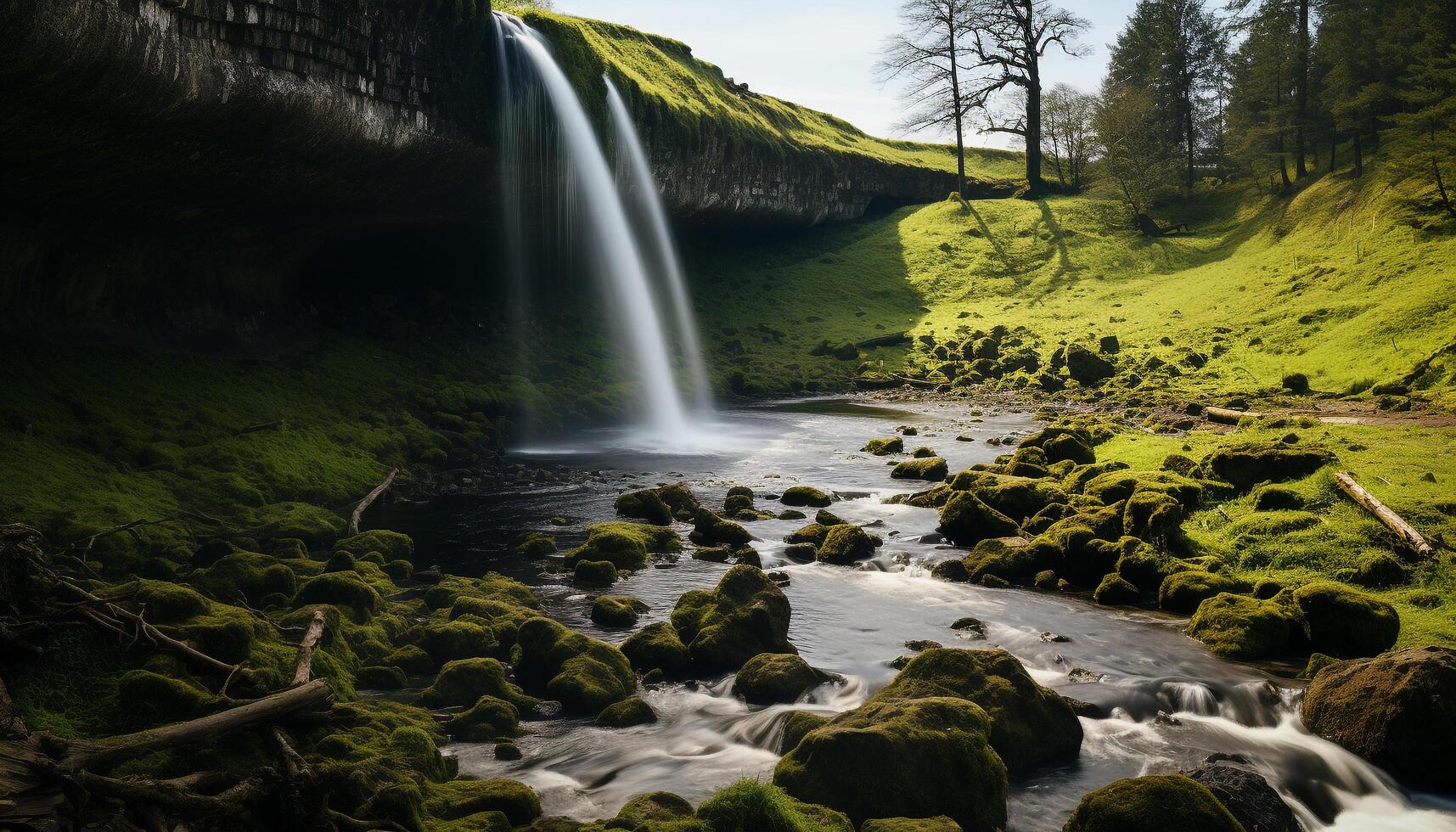 AI generated Majestic mountain range, flowing water, tranquil scene, nature beauty generated by AI photo