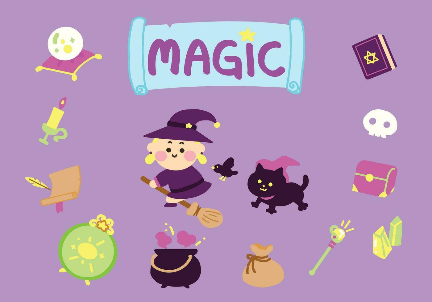 The little witch with her friends and Magic stuff icon set . Cartoon style vector