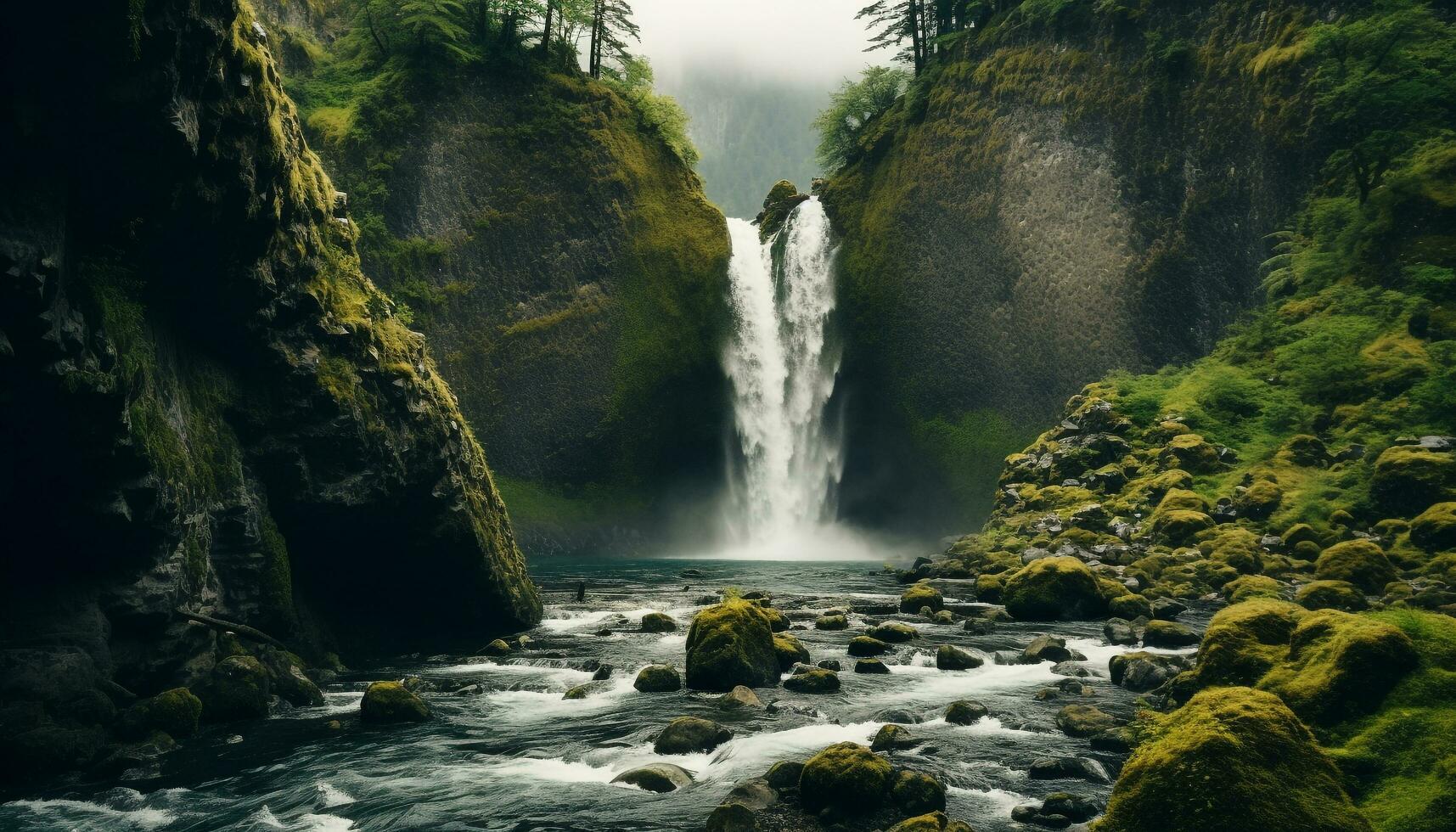 ai generado majestuoso montaña rango, fluido agua, tranquilo escena, naturaleza belleza generado por ai foto