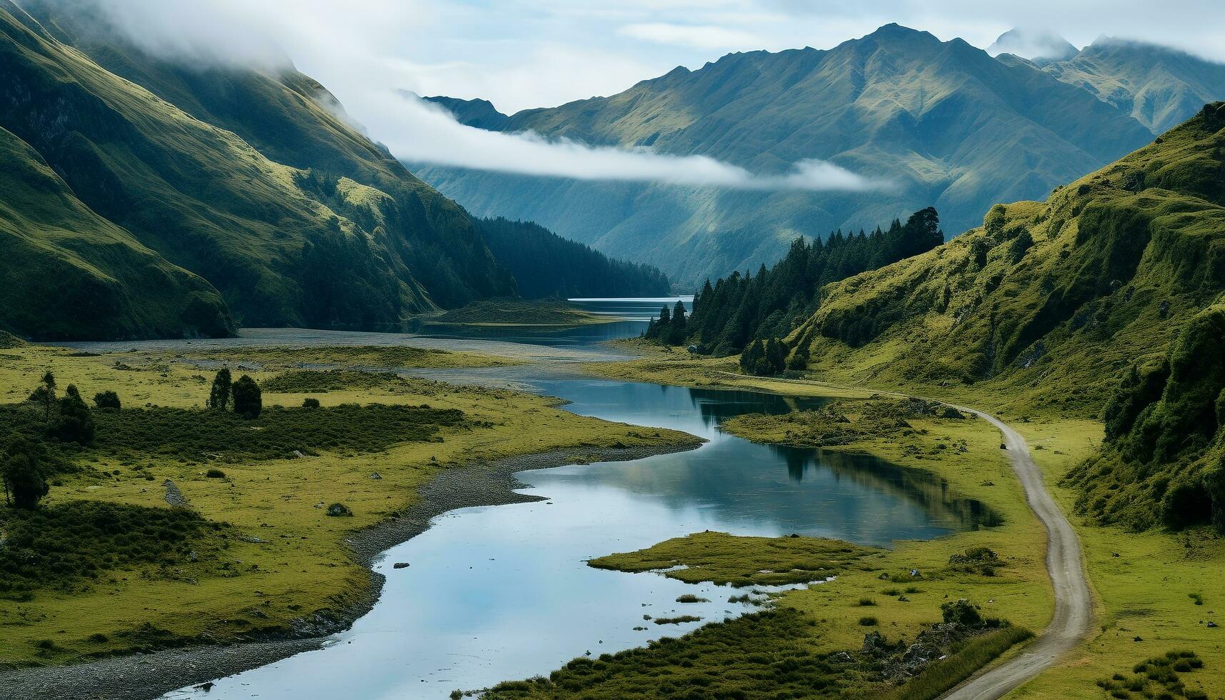 AI generated Majestic mountain range reflects in tranquil water, showcasing natural beauty generated by AI photo