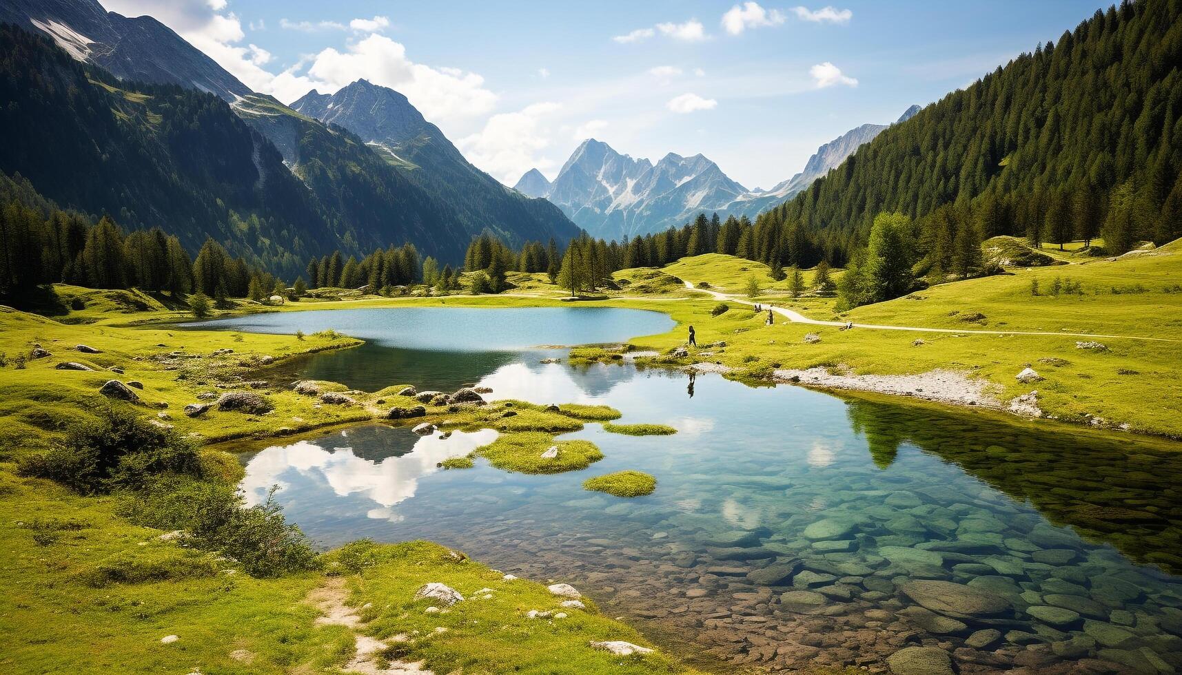 ai generado majestuoso montaña rango refleja en tranquilo agua, exhibiendo natural belleza generado por ai foto