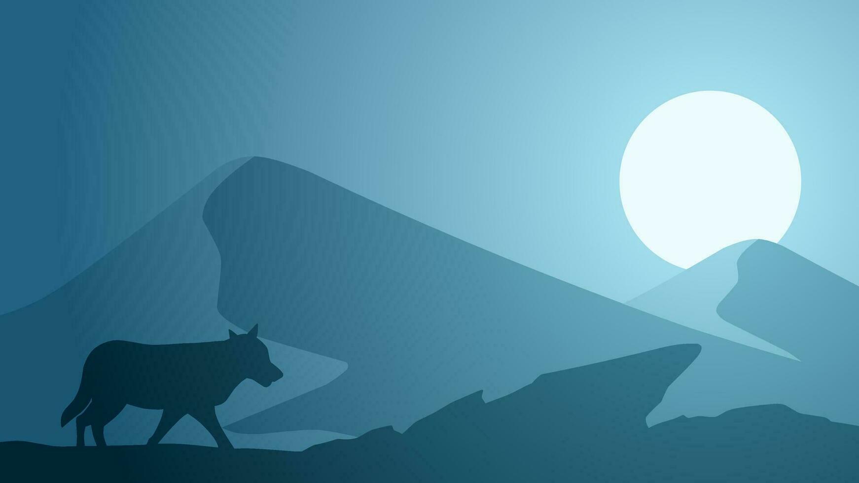 Wildlife wolf landscape vector illustration. Scenery of wolf walking silhouette in the night. Wolf wildlife panorama for illustration, background or wallpaper