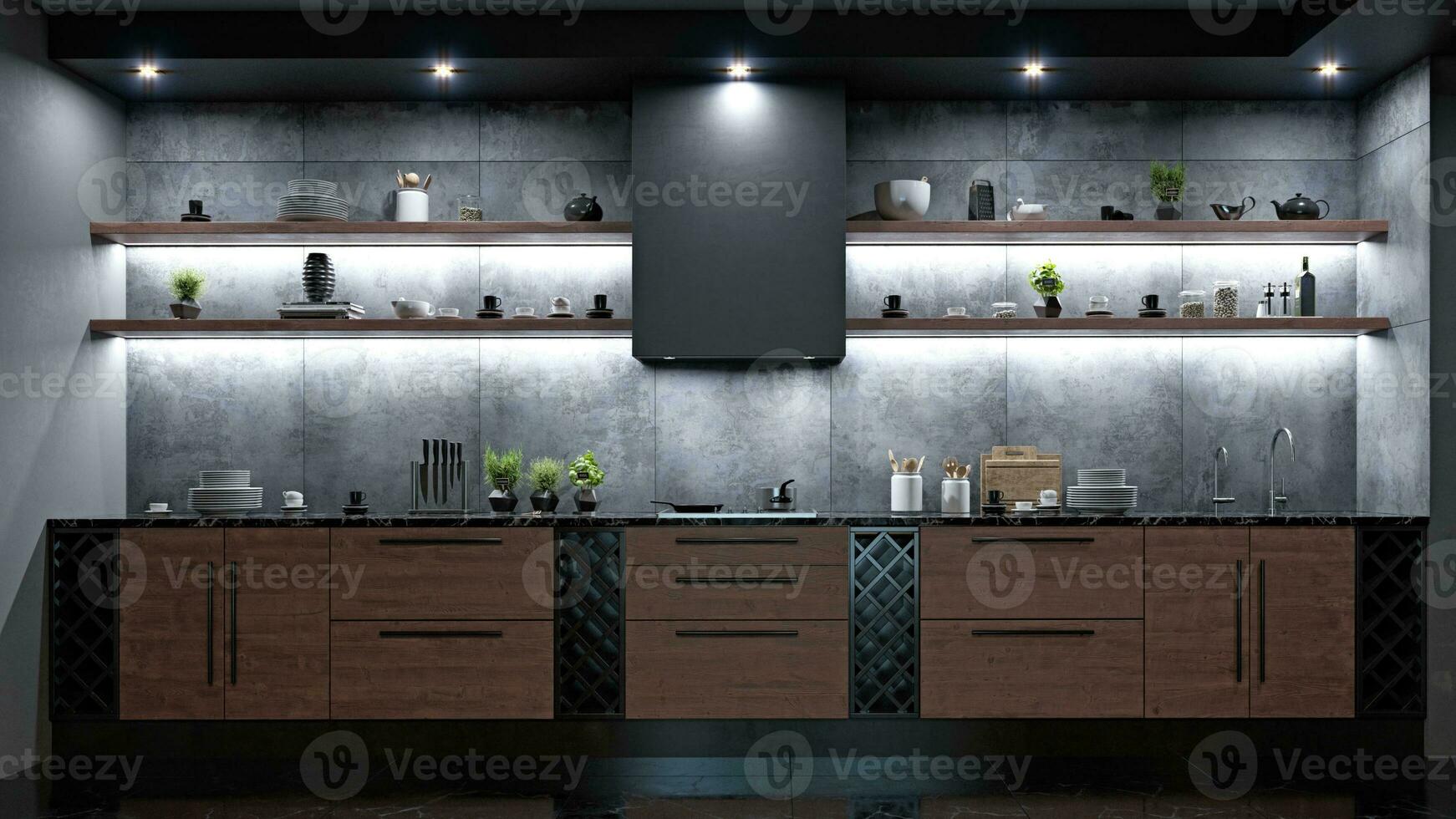 moderno oscuro cocina interior. foto