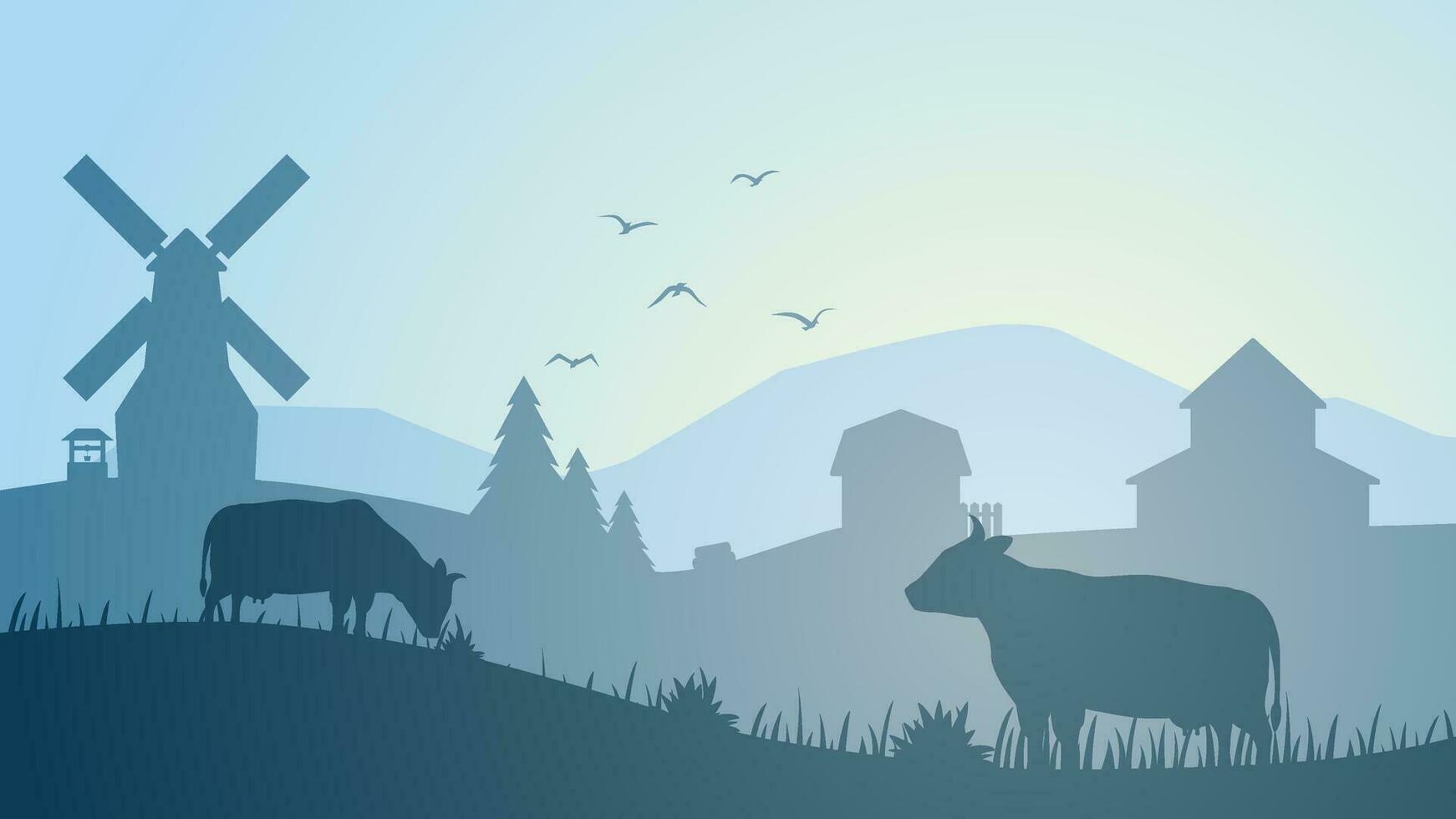 Farmland silhouette landscape vector illustration. Scenery of livestock and windmill in the countryside farm. Rural panorama for illustration, background or wallpaper