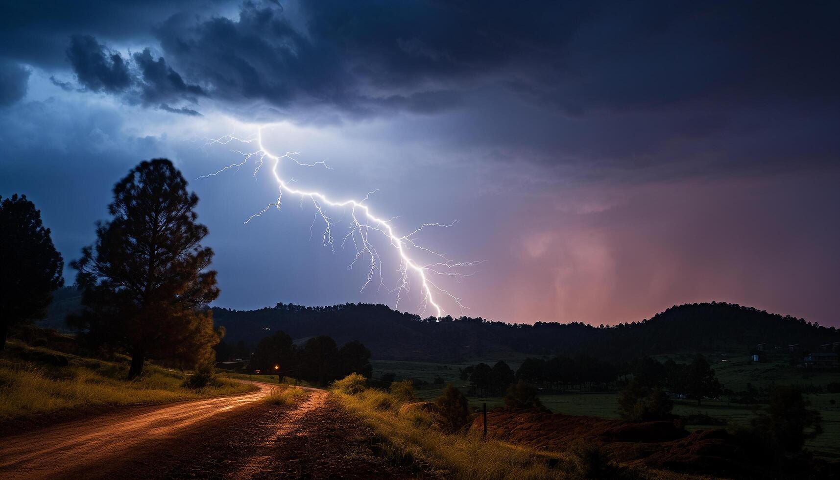 AI generated Dramatic sky, dark night, thunderstorm, majestic mountains, wet grass generated by AI photo