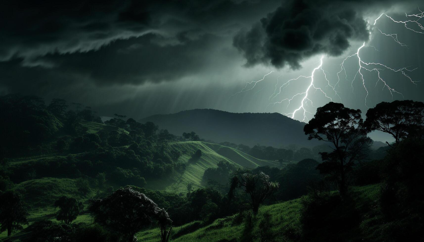 ai generado dramático cielo, oscuro noche, tormenta, majestuoso montañas, mojado césped generado por ai foto