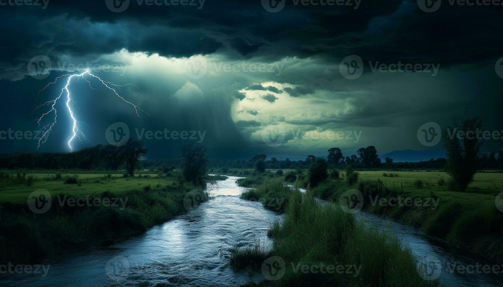 AI generated Bright blue sky, dark silhouette tree, vibrant lightning bolt generated by AI photo