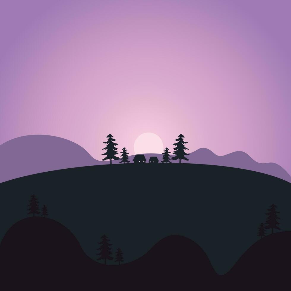 Mountain Sunrise Landscape Silhouette Illustration with Pine Tree vector