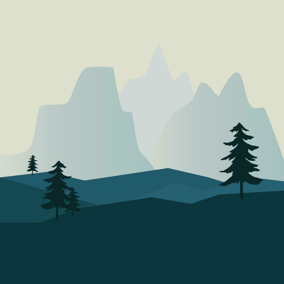 Mountain Sunrise Landscape Silhouette Illustration with Pine Tree vector