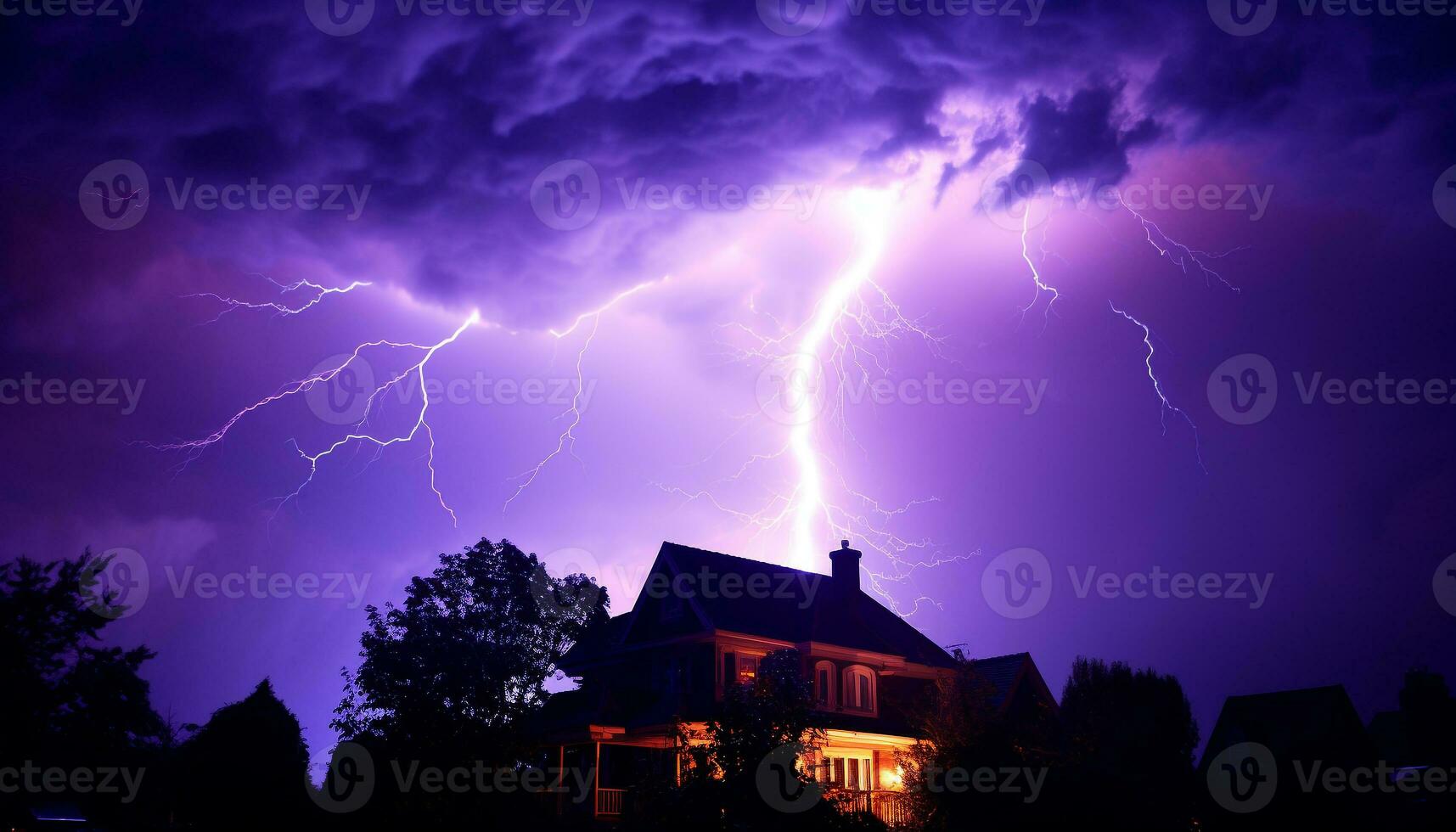 AI generated Bright blue sky, dark silhouette tree, vibrant lightning bolt generated by AI photo