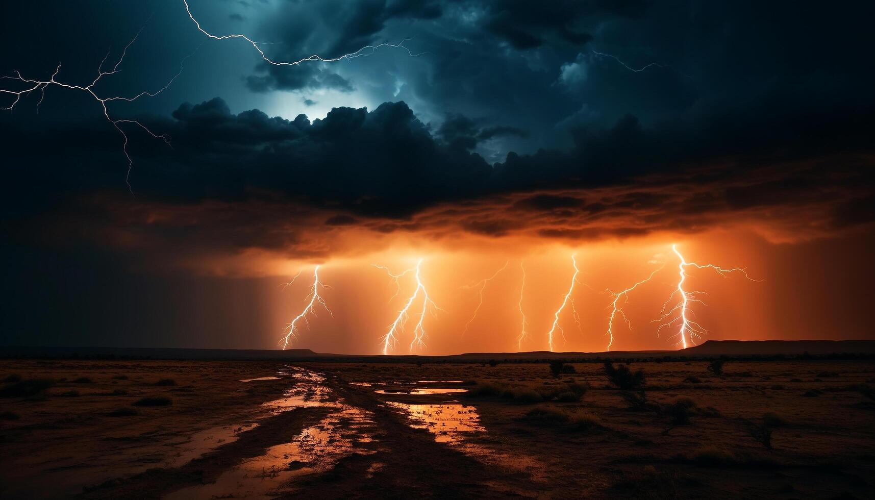 AI generated Dramatic sky, dark night, thunderstorm, majestic mountains, wet grass generated by AI photo