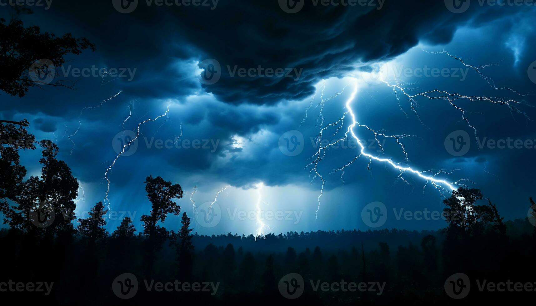AI generated Bright blue sky, dark silhouette tree, vibrant lightning bolt generated by AI photo