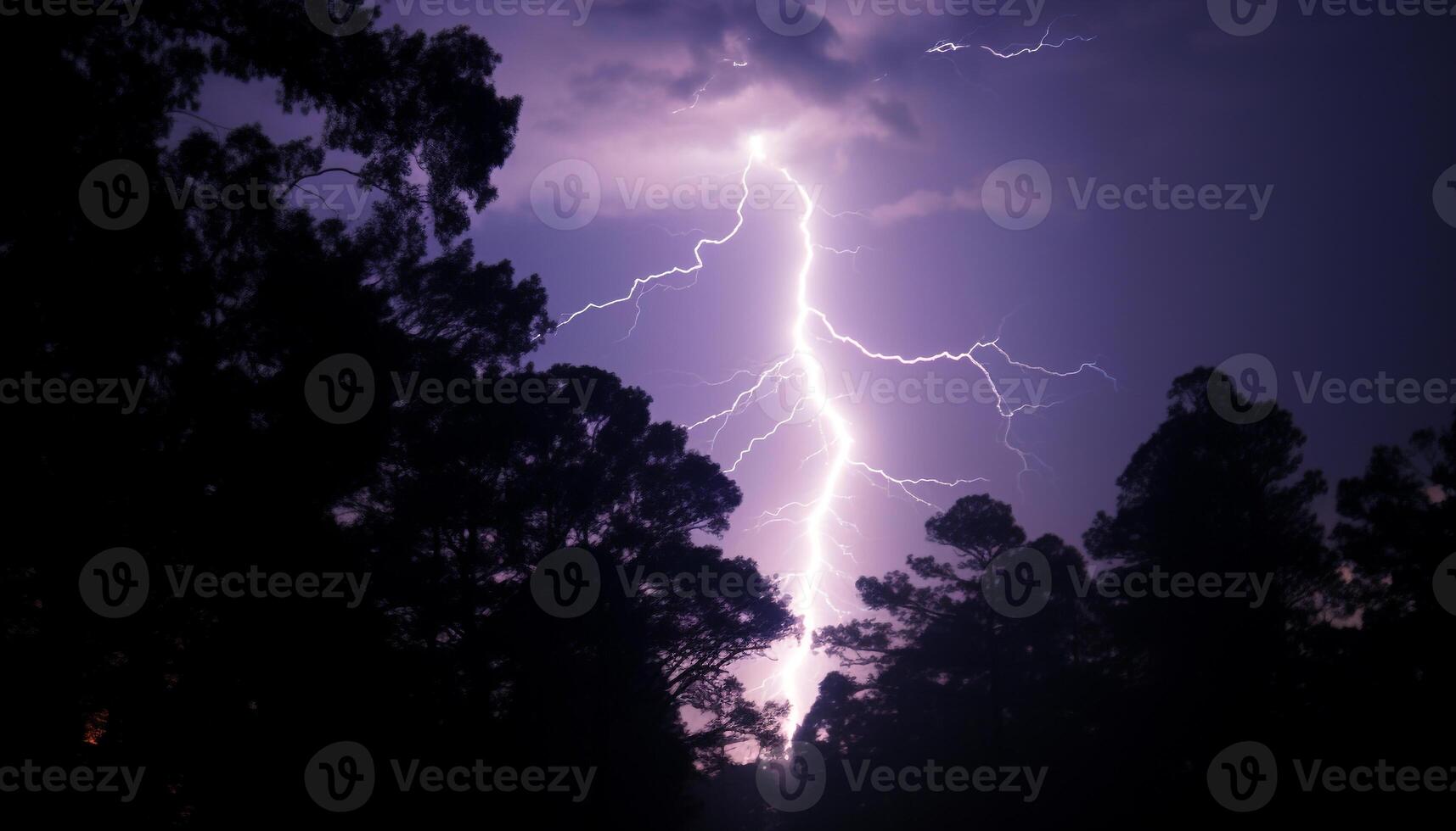 AI generated Bright blue sky, dark silhouette tree, vibrant lightning bolt generated by AI photo