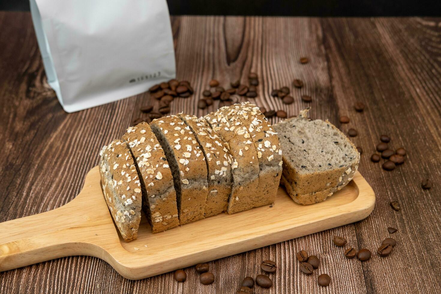 Coffee Flavored Bread with coffee beans around photo