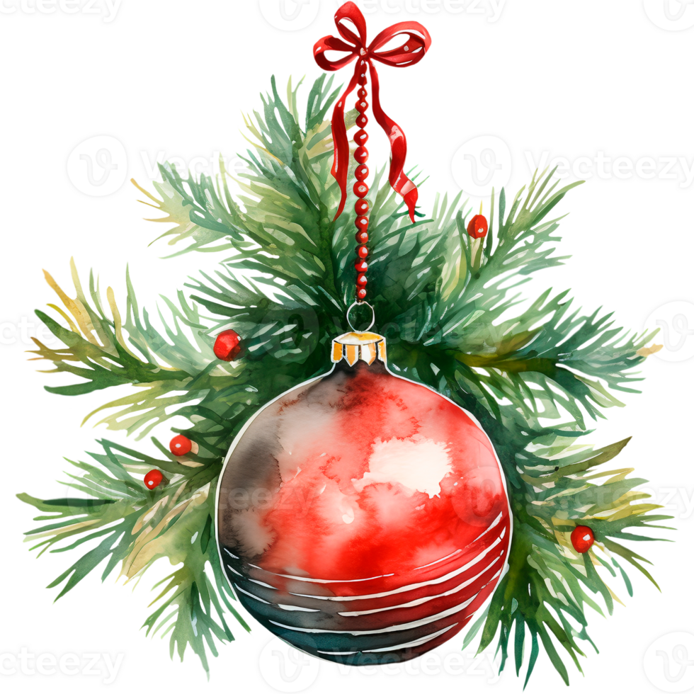 AI generated Christmas watercolor illustration Christmas tree toy with fir branches png