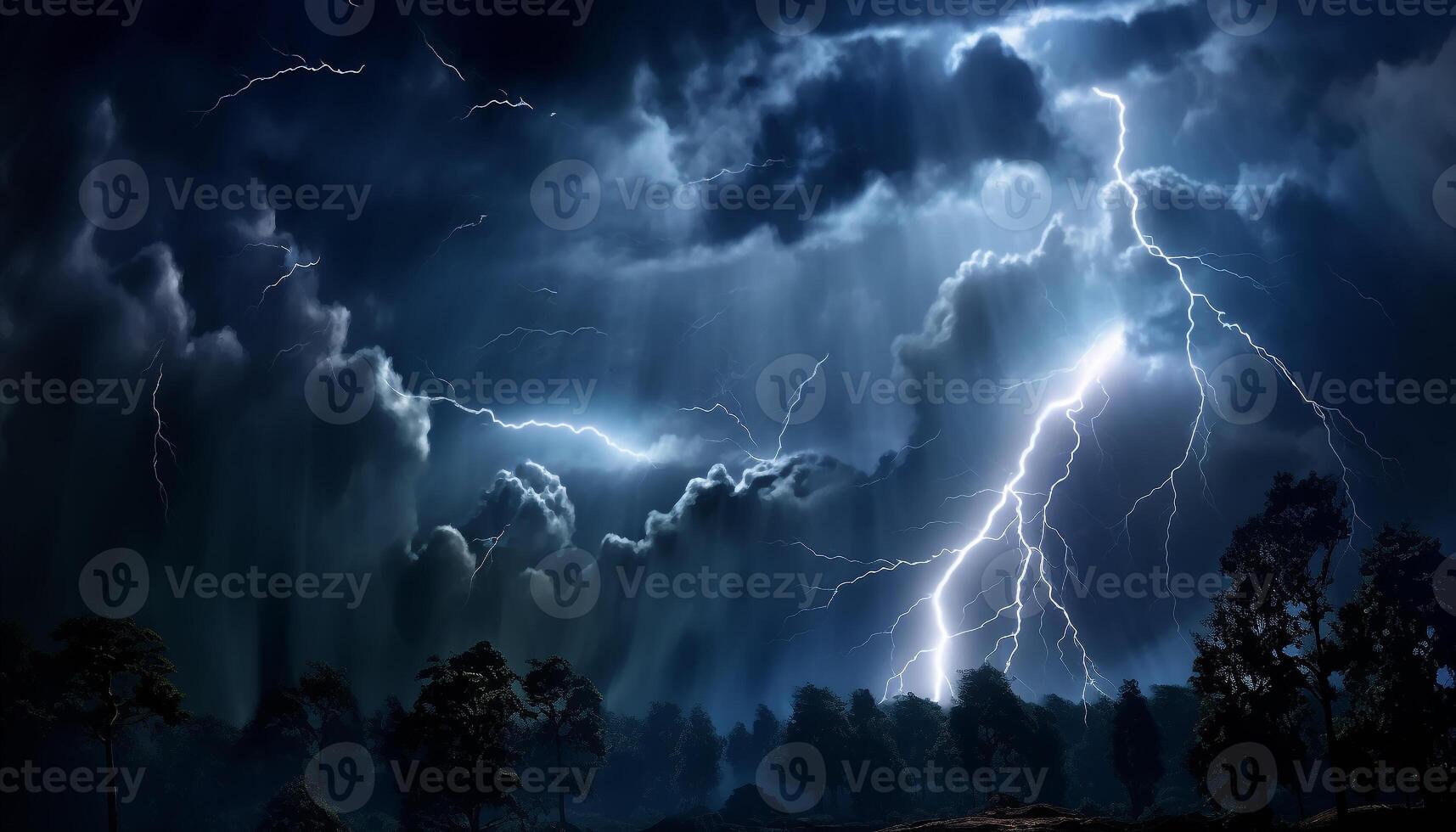 AI generated Bright blue sky, dark silhouette tree, vibrant lightning bolt generated by AI photo