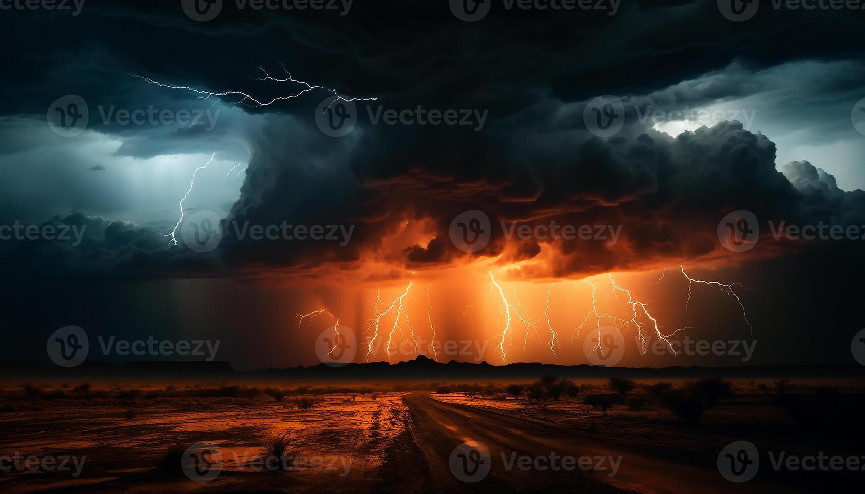 AI generated Bright blue sky, dark silhouette tree, vibrant lightning bolt generated by AI photo