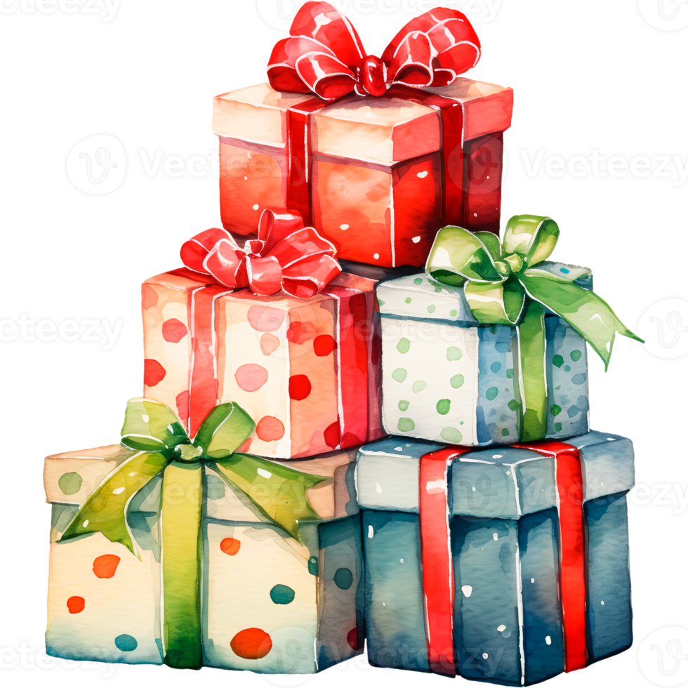 AI generated Christmas watercolor illustration of a mountain of gifts in bright boxes png