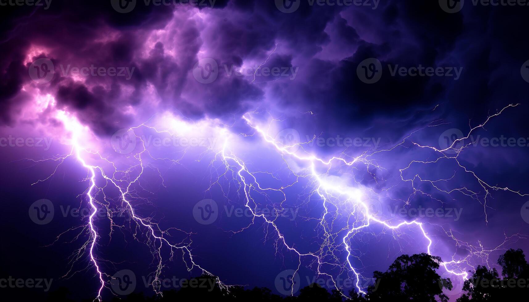 AI generated Bright blue sky, dark silhouette tree, vibrant lightning bolt generated by AI photo