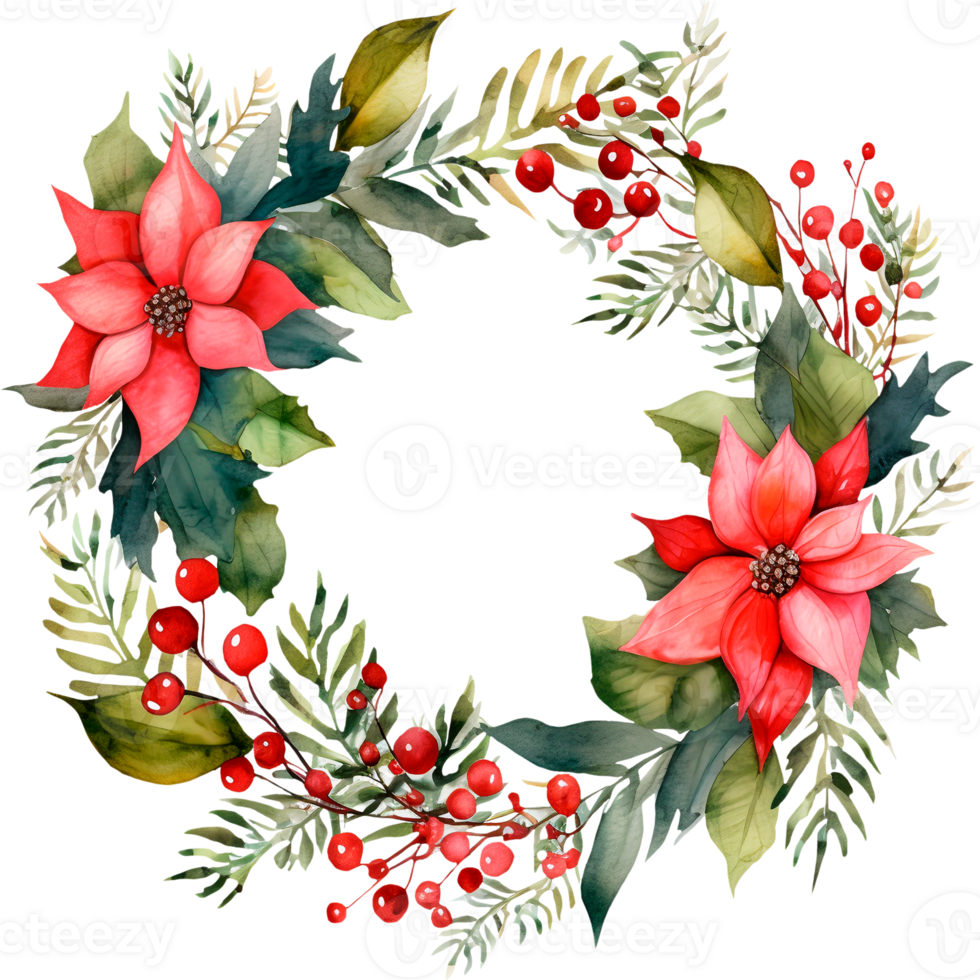 AI generated Christmas watercolor illustration of a Christmas wreath made of fir branches with berries and flowers png