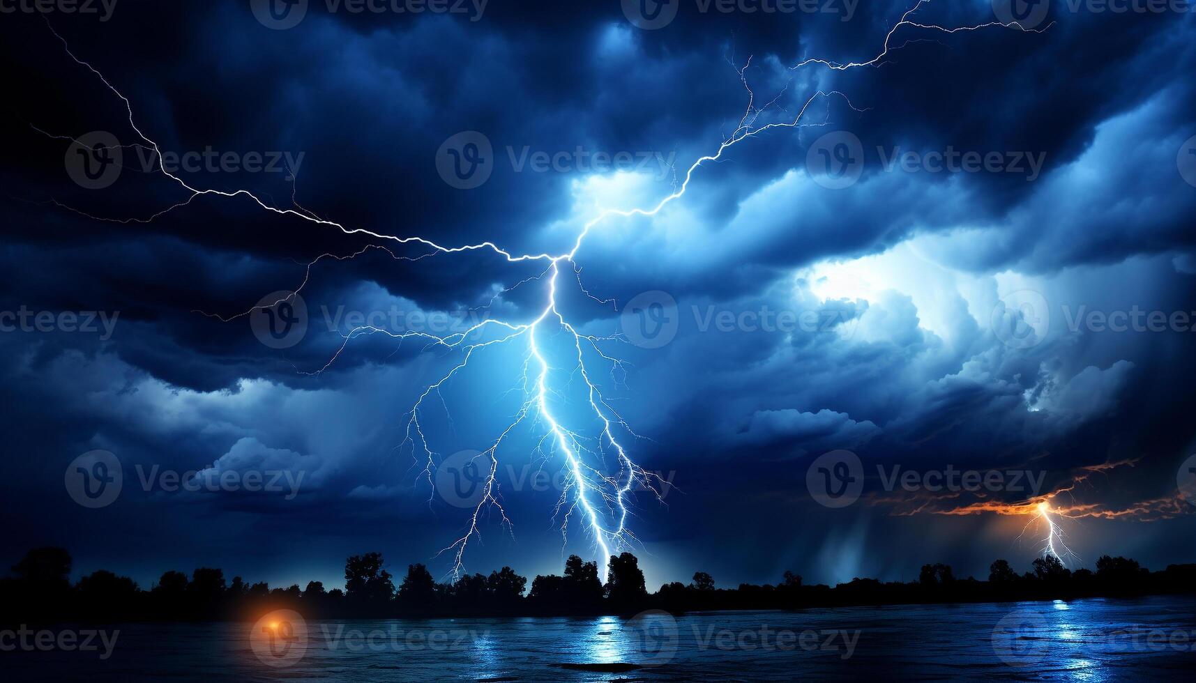 AI generated Bright blue sky, dark silhouette tree, vibrant lightning bolt generated by AI photo