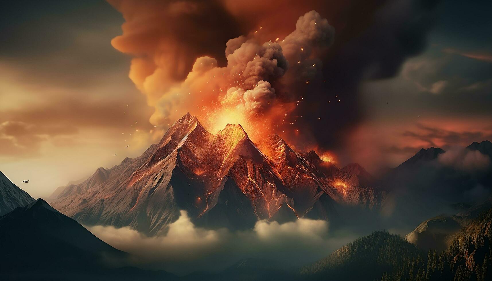 AI generated Erupting mountain peak, smoke and steam create a dangerous landscape generated by AI photo
