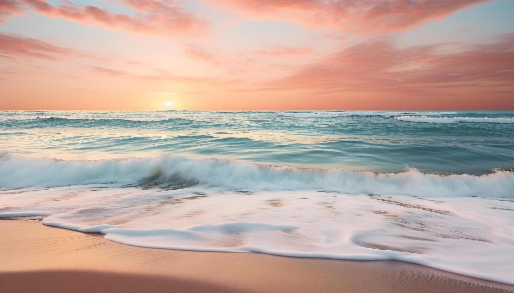 AI generated Sunset over the tranquil coastline, waves crashing on sandy shores generated by AI photo