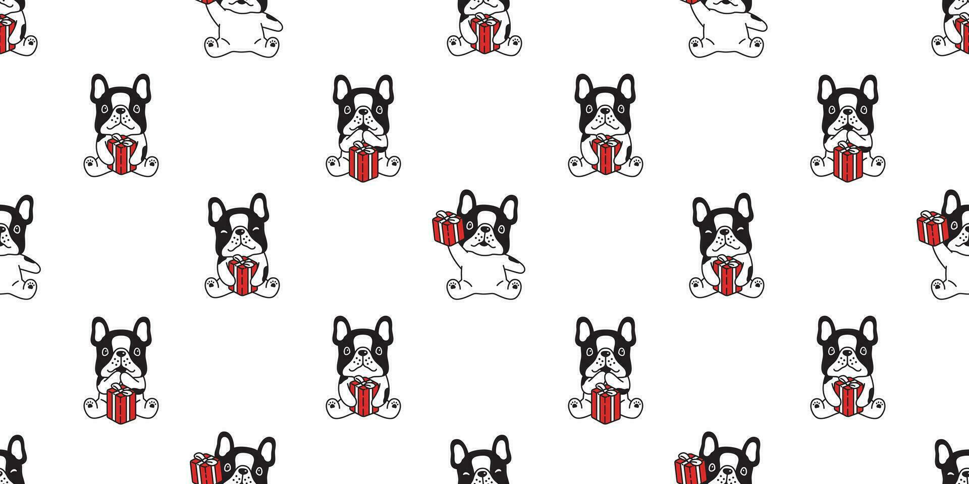 dog seamless pattern Birthday gift box Christmas vector french bulldog Santa Claus hat scarf isolated cartoon repeat background tile wallpaper illustration design