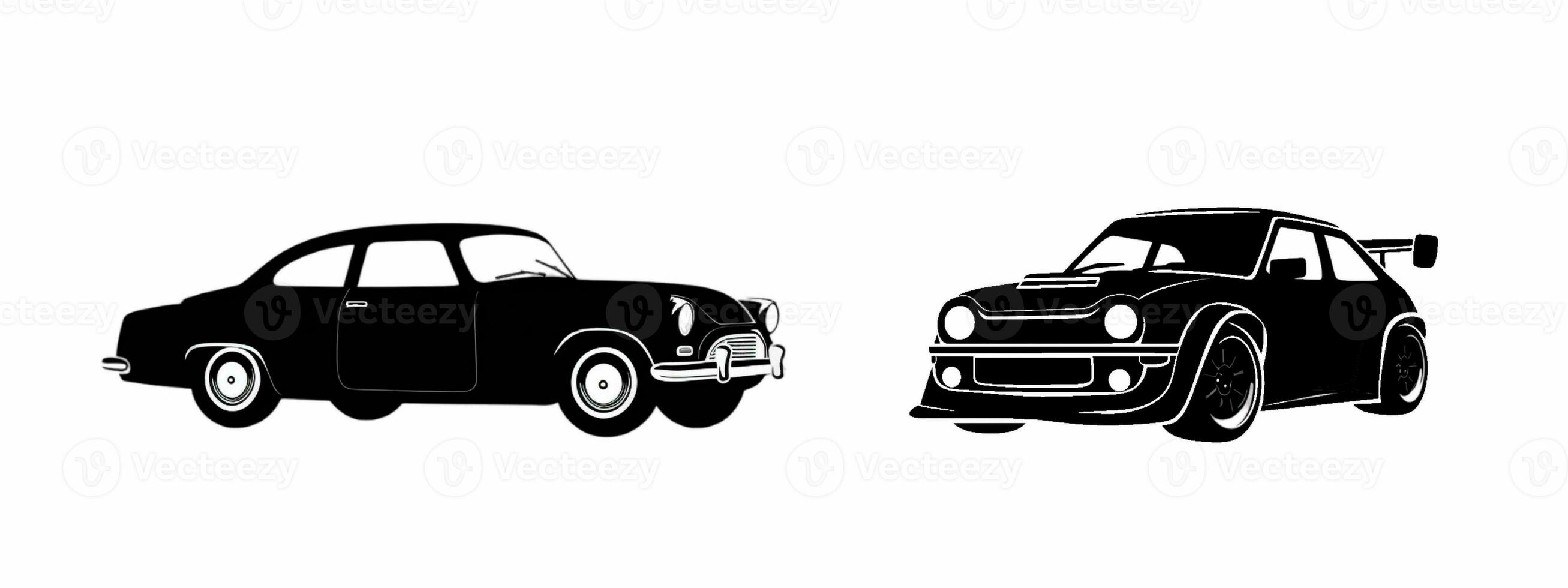 AI generated Silhouette cars on a white background. cars silhouettes with different poses isolated. old and new cars icons photo