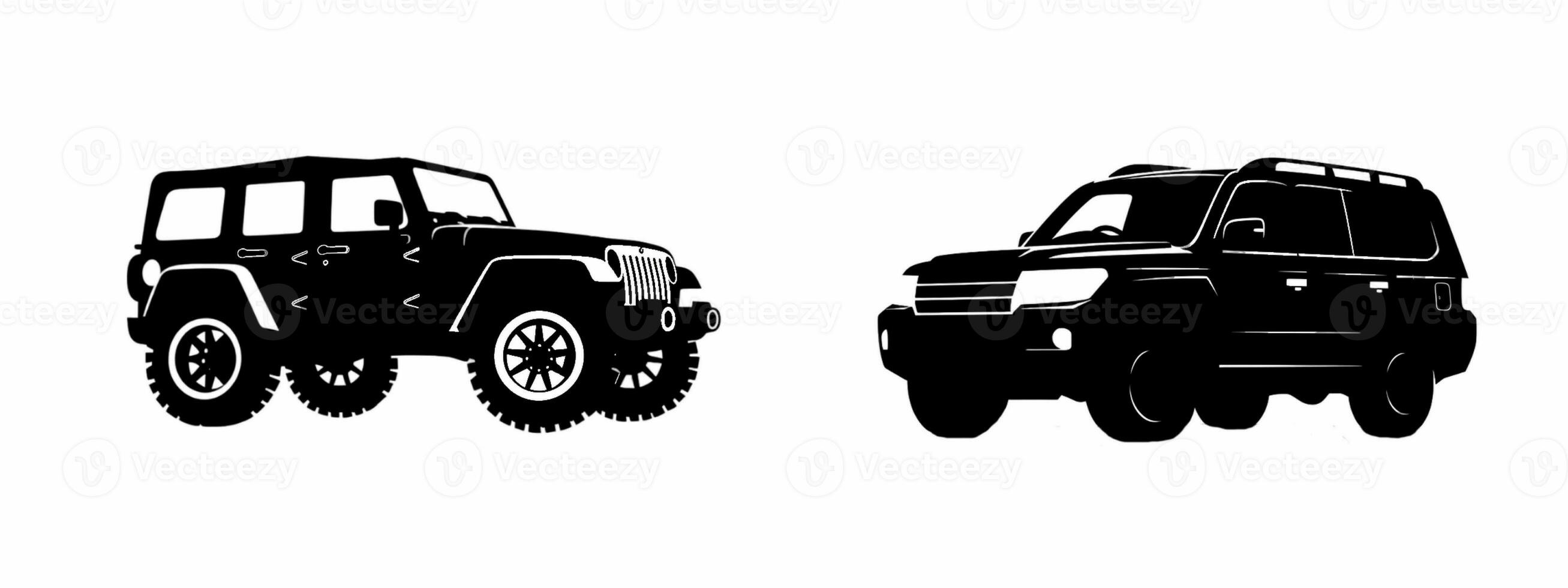 AI generated Silhouette cars on a white background. cars silhouettes with different poses isolated. old and new cars icons photo