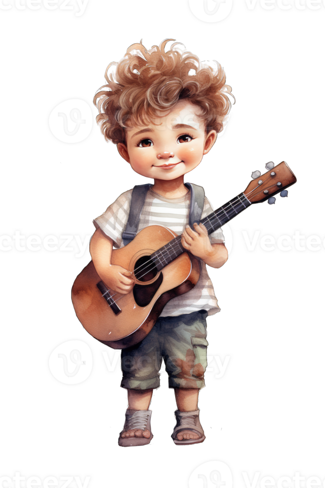 AI generated Cartoon boy playing guitar, Cute little boy playing music, transparent background png