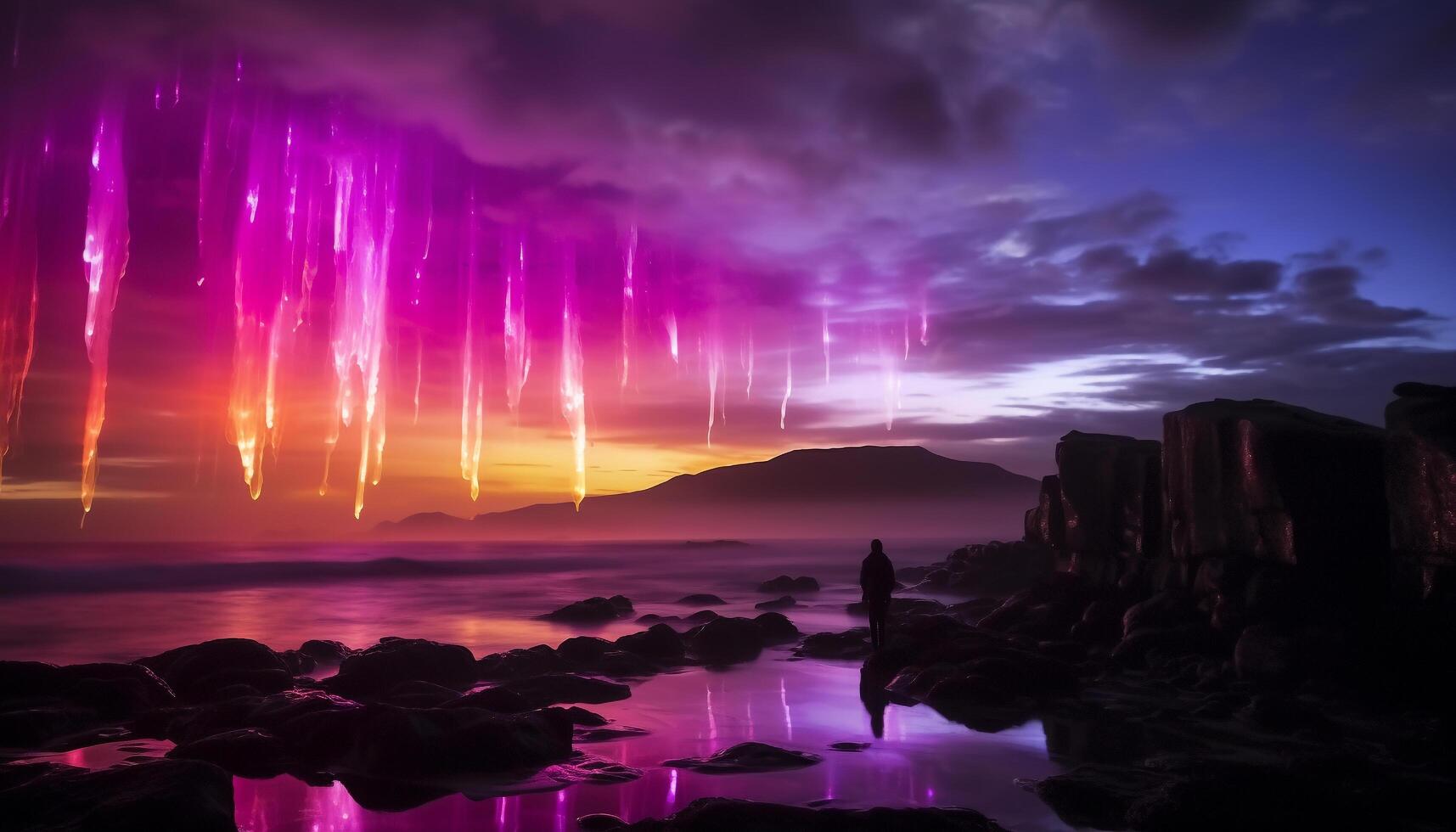 AI generated Majestic mountain peak reflects starry night in tranquil arctic landscape generated by AI photo