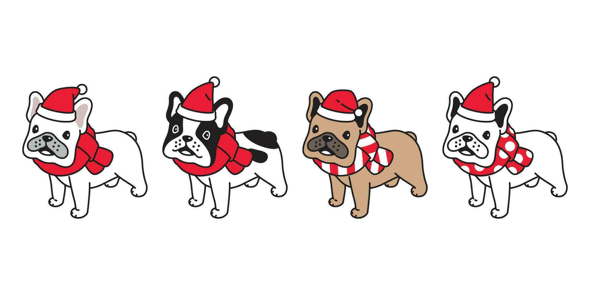 perro vector Navidad francés buldog Papa Noel claus sombrero bufanda icono perrito mascota personaje dibujos animados símbolo ilustración diseño