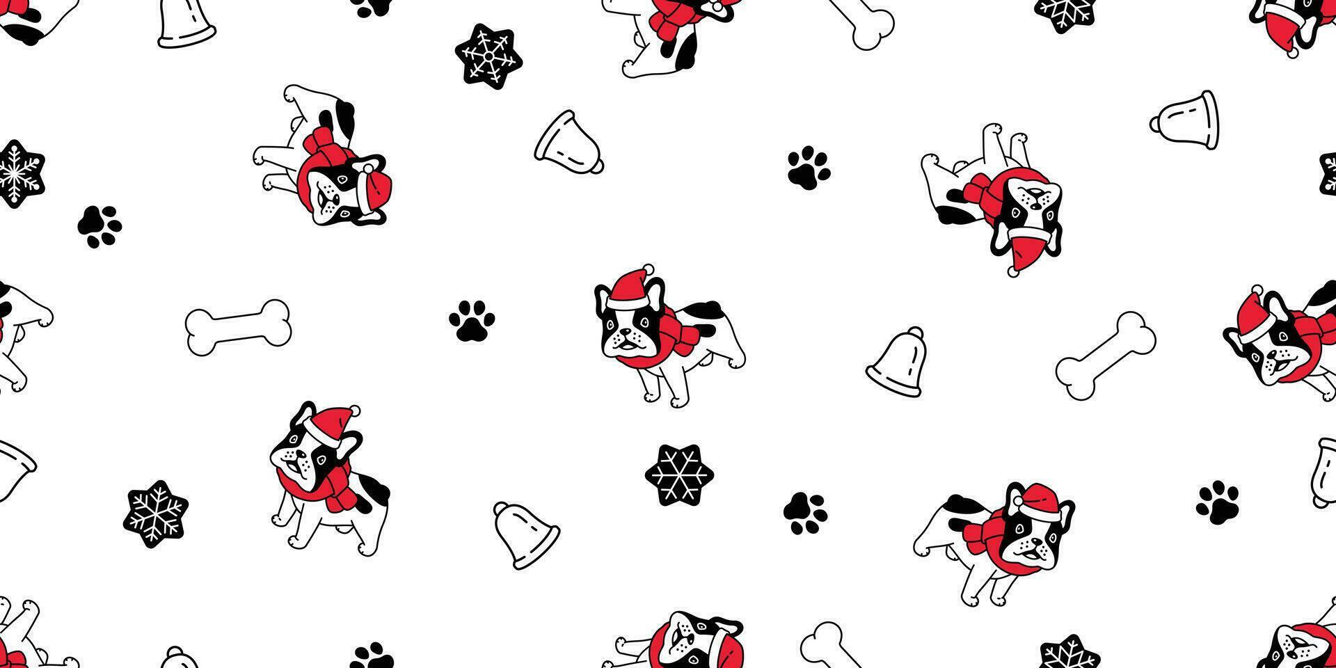 dog seamless pattern Christmas french bulldog vector Santa Claus hat bone scarf isolated cartoon repeat background tile wallpaper illustration design