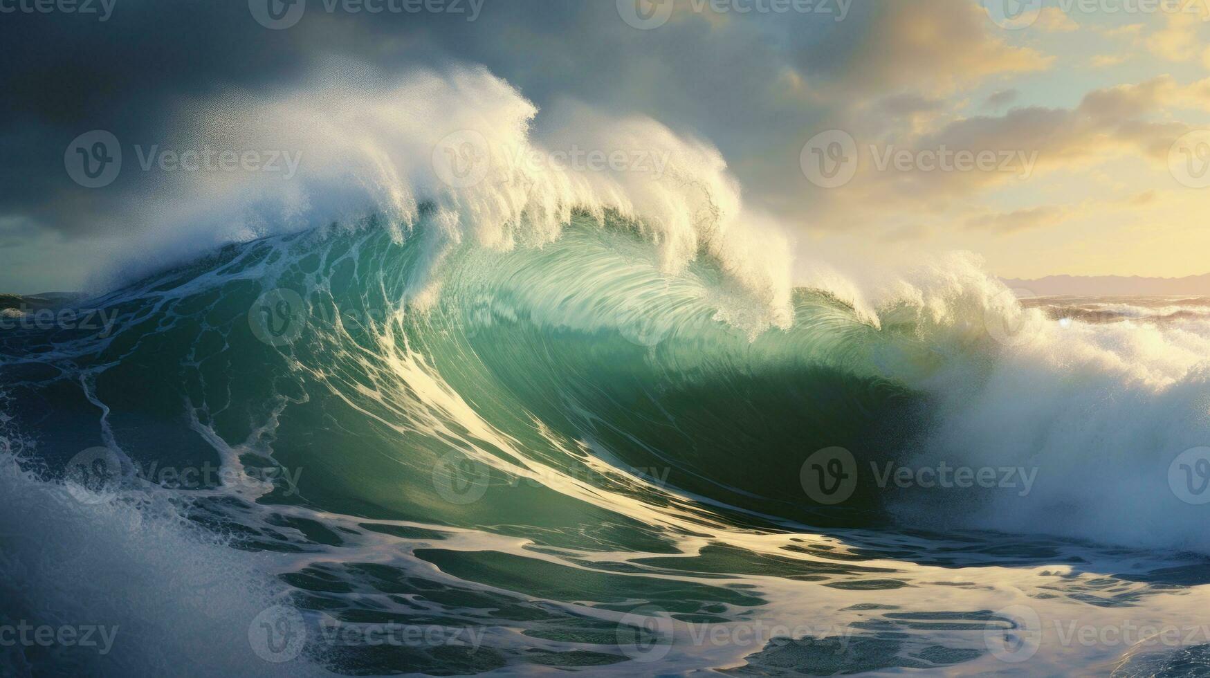 AI generated Huge Wave Crashing in the Ocean, Creating Beautiful Display of Water and Foam. Ocean s Power and Majesty. Concept of beauty and greatness of nature. Ideal for background, postcard photo