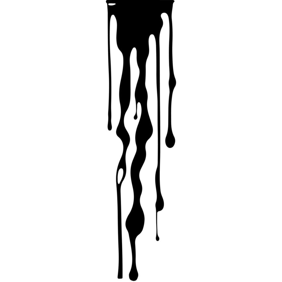 Abstract Dripping Paint. Black ink flows down in long streams and drops. The flowing black liquid. Droplets. Dirty grunge texture. Vector illustration isolated on white background. Design element