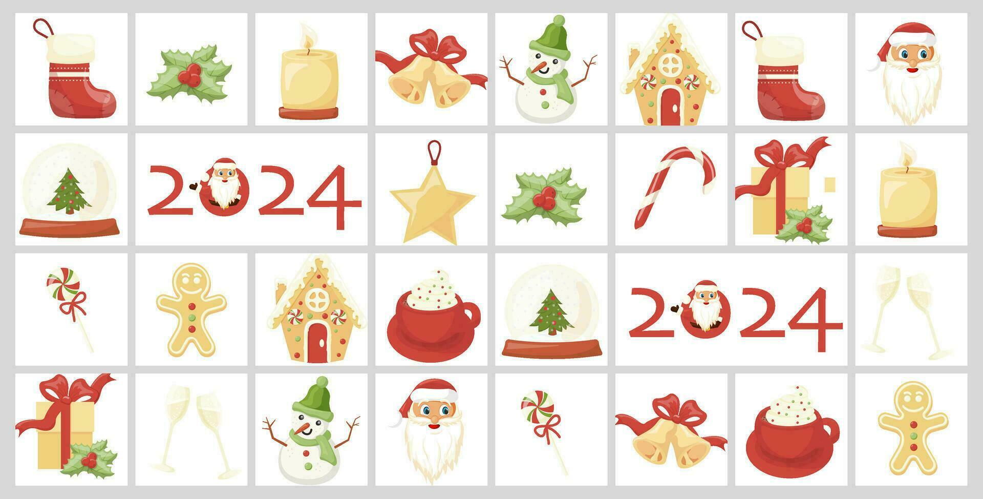 Christmas Advent calendar in cartoon style with festive icons. Christmas poster, template, banner with Christmas elements in modern style. Vector flat illustration.