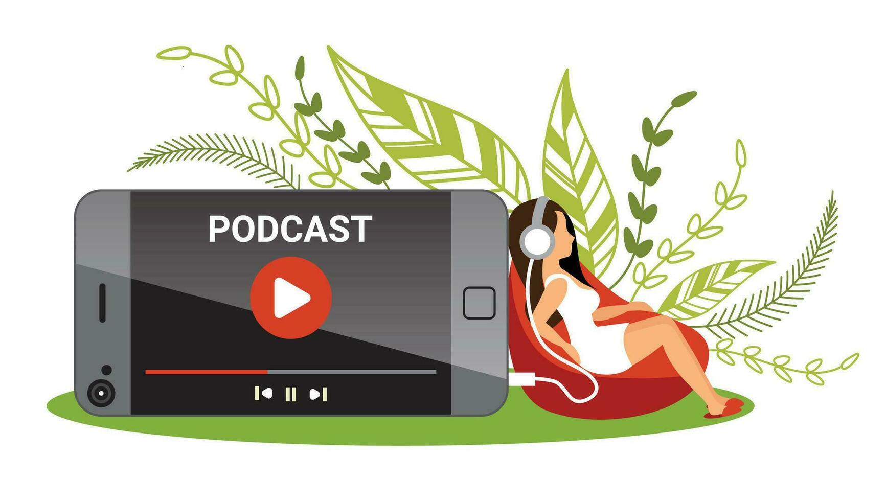 mujer escuchando a podcasting para podcast concepto vector